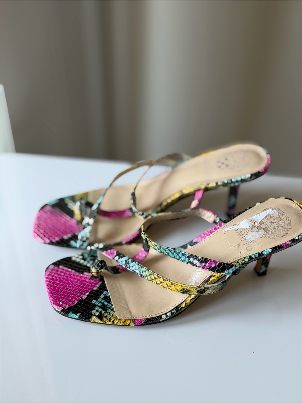 Vince Camuto Multicolor Snake-Print Strappy Kitten Heels